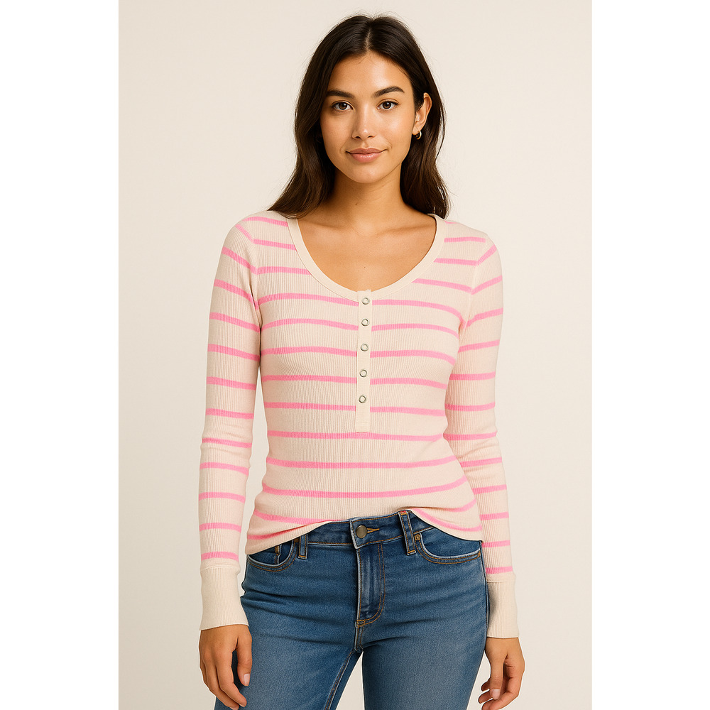 Old Navy Pink Stripe‎ Waffle Henley Thermal Top Y2K Vintage Medium Preppy Lounge